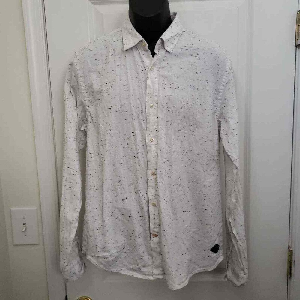Scotch & Soda Mens Button Front Shirt White Black Paint Splatter Long Sleeves L